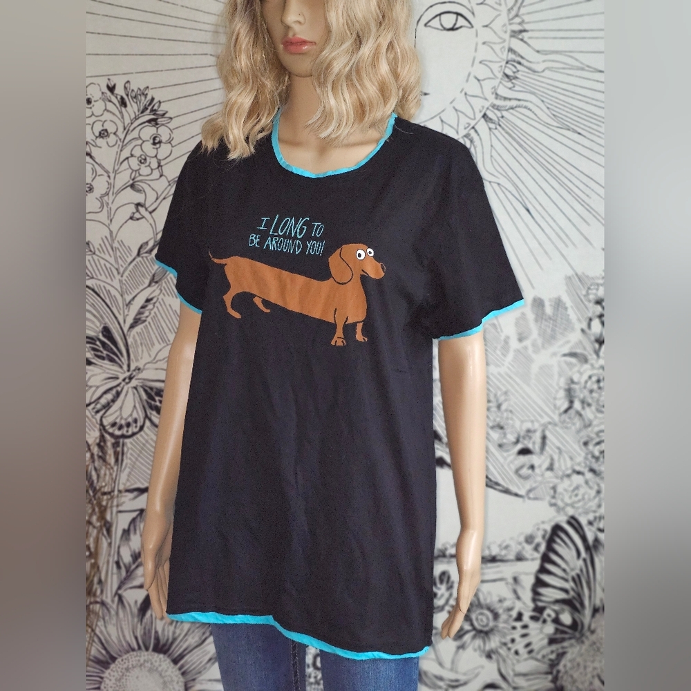 NWT Lazy One Medium 'I Long To Be Around You' Weiner Dog Black W/ Turquoise Trim